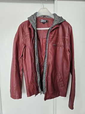 Moto Gear Red Faux Leather Bomber Jacket with Gray Hood Insert